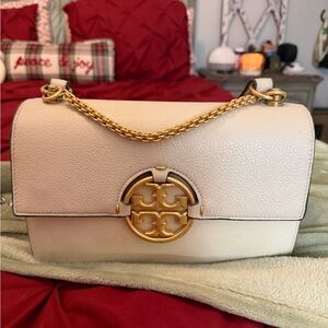 Tory Burch White Shoulder Bag with Gold Accents